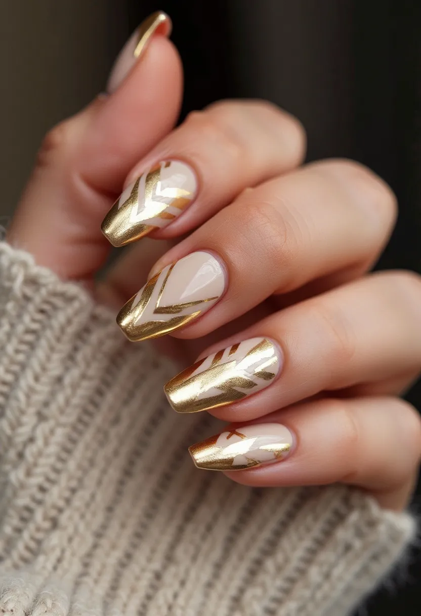 The nail design features an elegant and sophisticated palette dominated by metallic gold and nude hues. The shape of the nails is medium length with an almond or tapered square tip, providing a sleek and refined appearance. Intricate patterns such as gold geometric lines and chevron designs are meticulously incorporated over a nude base, enhancing the overall aesthetic with a touch of glamour. The finish is highly glossy, indicative of high-quality gel or shellac treatment, known for its durability and shine. This nail design is timeless yet versatile, making it suitable for special occasions like weddings, holiday parties, or upscale gatherings due to its luxurious and festive vibe.