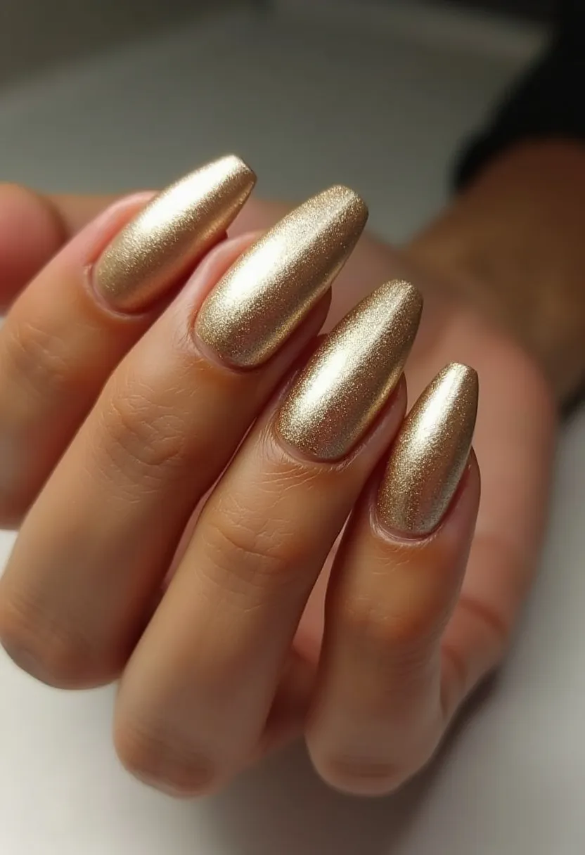 The nail design showcases a luxurious gold color palette, exuding a metallic sheen that is both eye-catching and elegant. The nails are shaped into a refined almond style, giving a sophisticated appearance. The treatment appears to be gel-based, providing a high-gloss finish that enhances the rich gold color. There are no intricate patterns or decorations, allowing the striking gold hue to take center stage. This design is perfect for formal occasions or festive seasons, adding a touch of glamour and celebration to the overall look. The simplicity and elegance of this design make it universally appealing and perfect for making a bold yet classy statement.