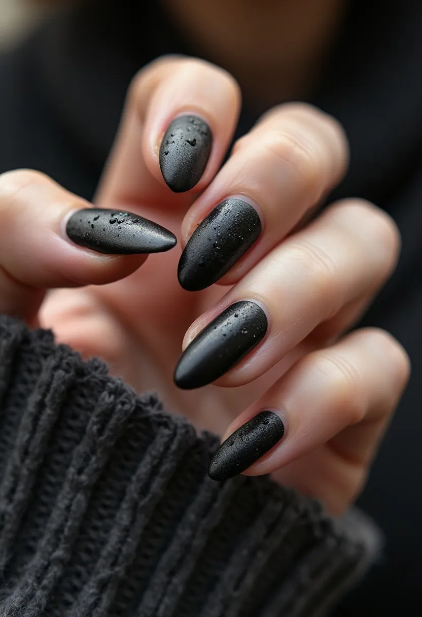 The nail design showcases a sophisticated matte black color palette, with long, almond-shaped nails that taper to a subtle point. The nails appear to be treated with a gel finish, emphasizing their sleek and polished look. Notably, there are small water droplets artfully placed on the surface of each nail, adding an intricate and unique detail to the design. This chic black matte design is versatile but could be particularly suitable for the autumn or winter seasons due to its dark and muted tones. The overall aesthetic is both elegant and edgy, making it perfect for special occasions where a bold yet refined look is desired.