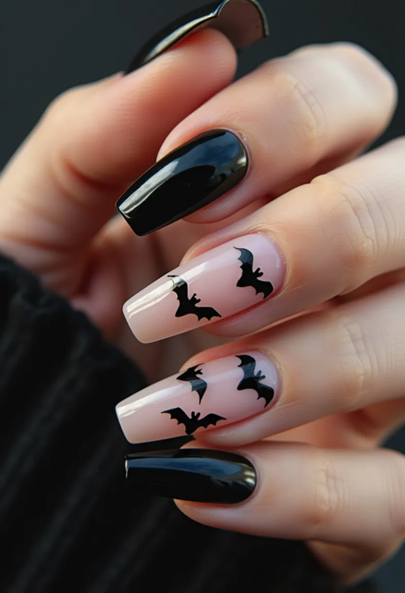 The nail design features a color palette of black and a translucent, slightly nude hue. The nails exhibit a coffin shape, providing a modern and chic appearance. Intricate patterns include black bat silhouettes on the translucent nails, suggesting a Halloween or spooky theme. The black nails offer a high-gloss finish, possibly indicating a gel or shellac treatment. This design is seasonally themed for Halloween, showcasing a balance between bold, solid-colored nails and delicate, themed accents.