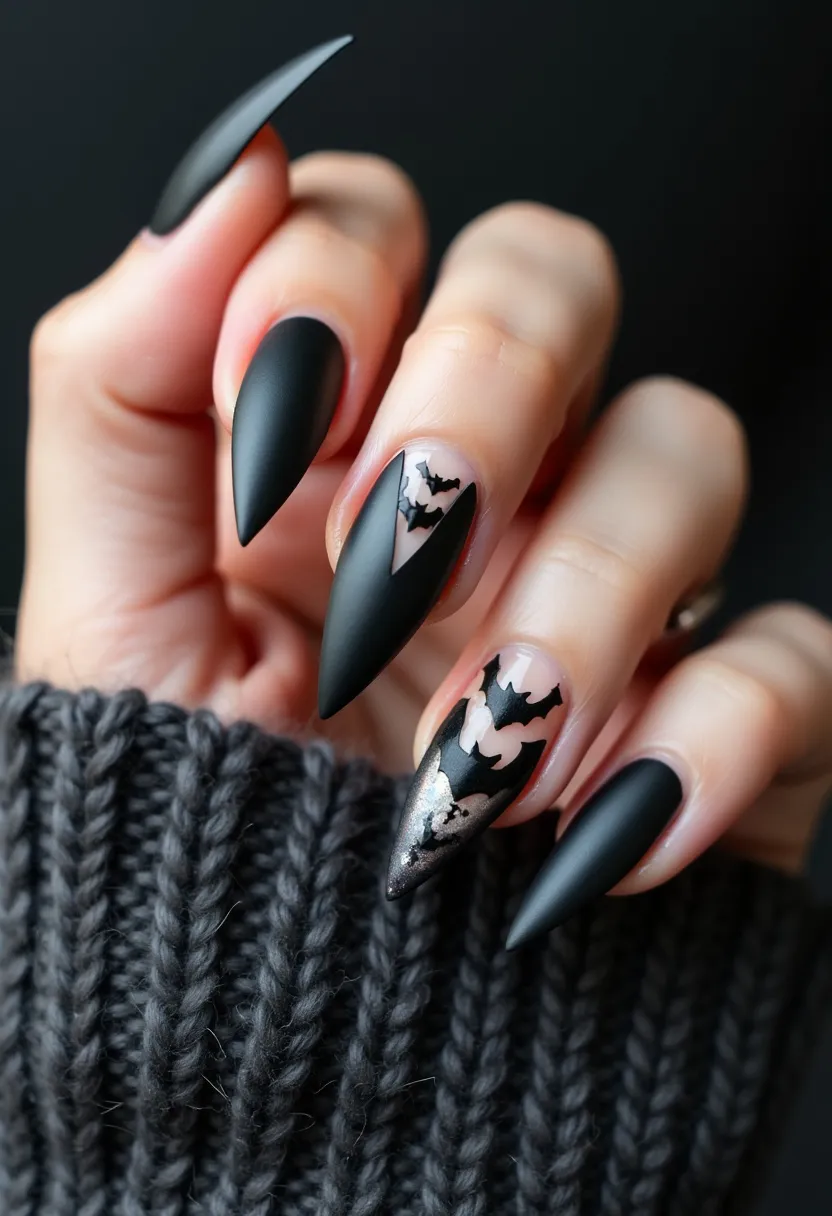 The nail design showcases a striking matte black nail color palette, predominantly featured on sharply pointed stiletto-shaped nails. Two of the nails include intricate patterns; one nail has a clear base accented with black bat silhouettes, while another features a gradient effect leading from black to a subtle metallic shimmer, also adorned with bat silhouettes. This design is suggestive of a gel nail treatment, given the smooth and even finish. The theme is notably seasonal, evoking a Halloween or spooky aesthetic with its dark coloration and bat motifs, perfect for the lead-up to October 31st celebrations.