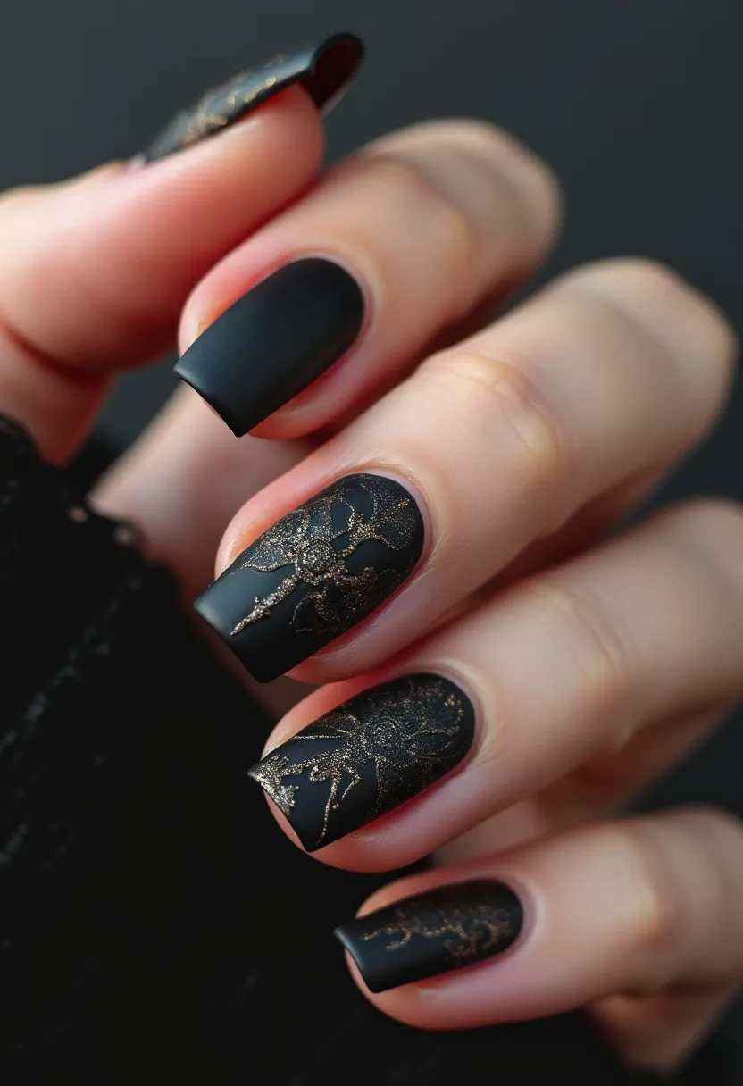 The nail design features a matte black color palette, providing a sleek and sophisticated look. The nails are medium length with a square shape, which complements the overall aesthetic. Intricate golden spiderweb patterns adorn several of the nails, adding a touch of elegance and mystery. The combination of matte black and sparkling gold hints at a Halloween or gothic-inspired theme, suitable for fall or special themed events. The nails appear to be treated with a matte gel or shellac finish, ensuring a long-lasting and chip-resistant wear. The intricate designs and high-contrast colors make this nail art both eye-catching and stylish.