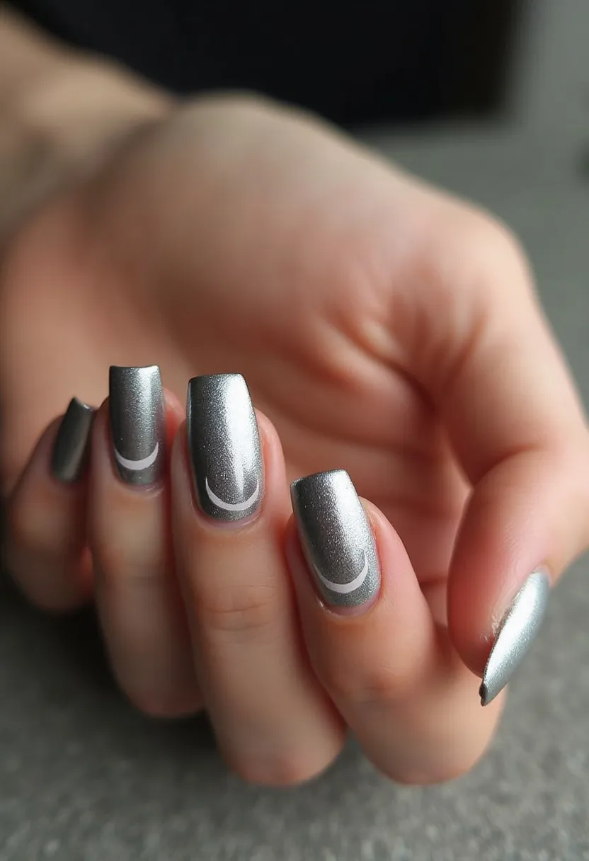 The nail design features a shimmering silver color palette, giving a chic and elegant appearance. The nails are square-shaped, showcasing a clean and defined edge. Each nail includes an intricate half-moon pattern near the cuticle in a slightly lighter shade, adding a modern twist to the classic design. The nails appear to be done with a gel treatment, providing a glossy finish that enhances the metallic sheen. This design can be suitable for both everyday wear and special occasions, with its modern aesthetic potentially serving as a stylish choice for evening events or holiday celebrations.