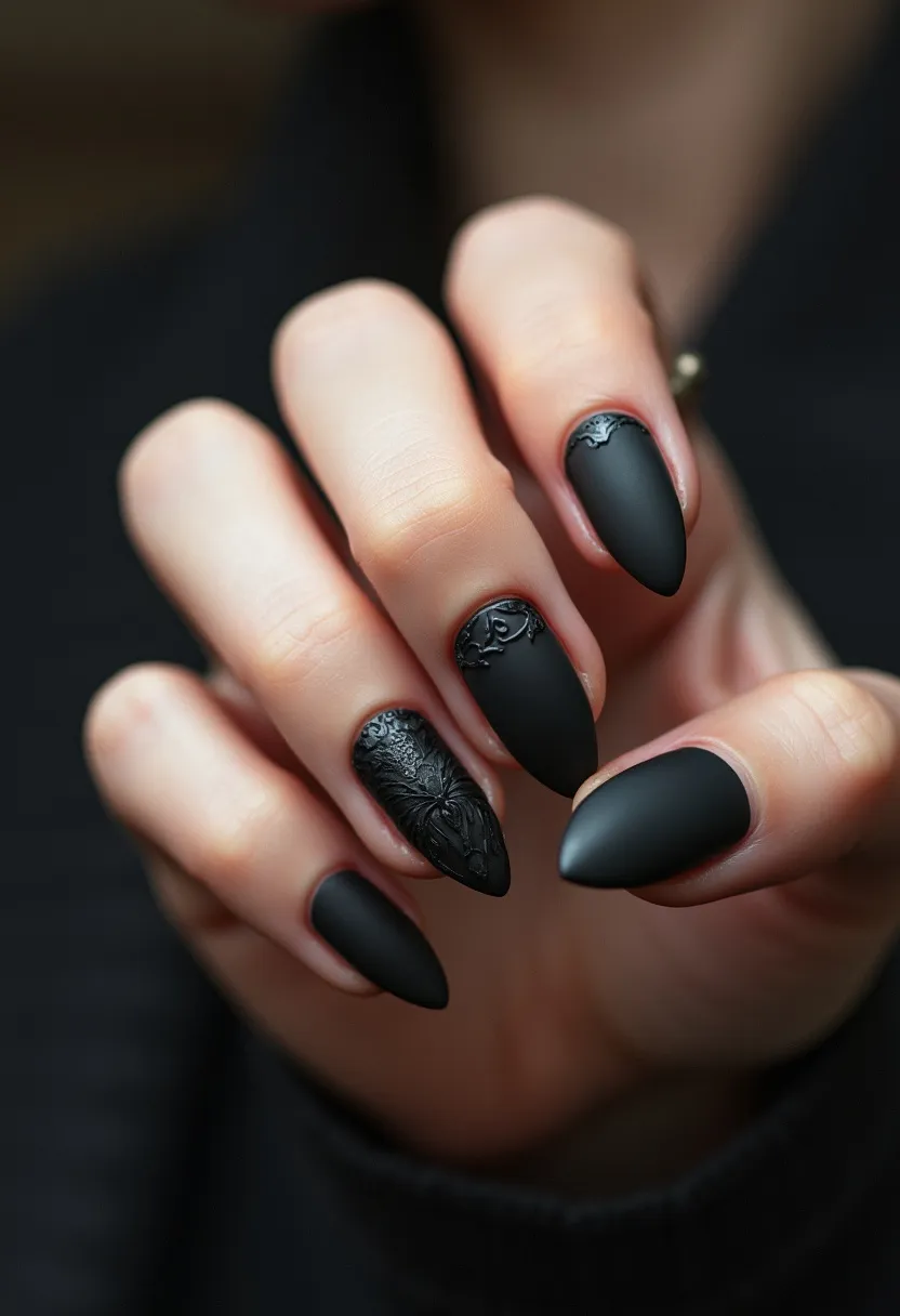 The nail design features a sleek matte black color palette, applied on almond-shaped nails. The design includes intricate 3D embossed patterns on the ring and middle fingers, adding a sophisticated and textured element to the matte finish. These nails appear to use a gel or acrylic treatment to achieve their smooth and durable appearance. The design is elegant and could be suitable for fall or winter seasons due to the dark, moody color scheme, making it appropriate for special occasions such as formal events or holiday gatherings.