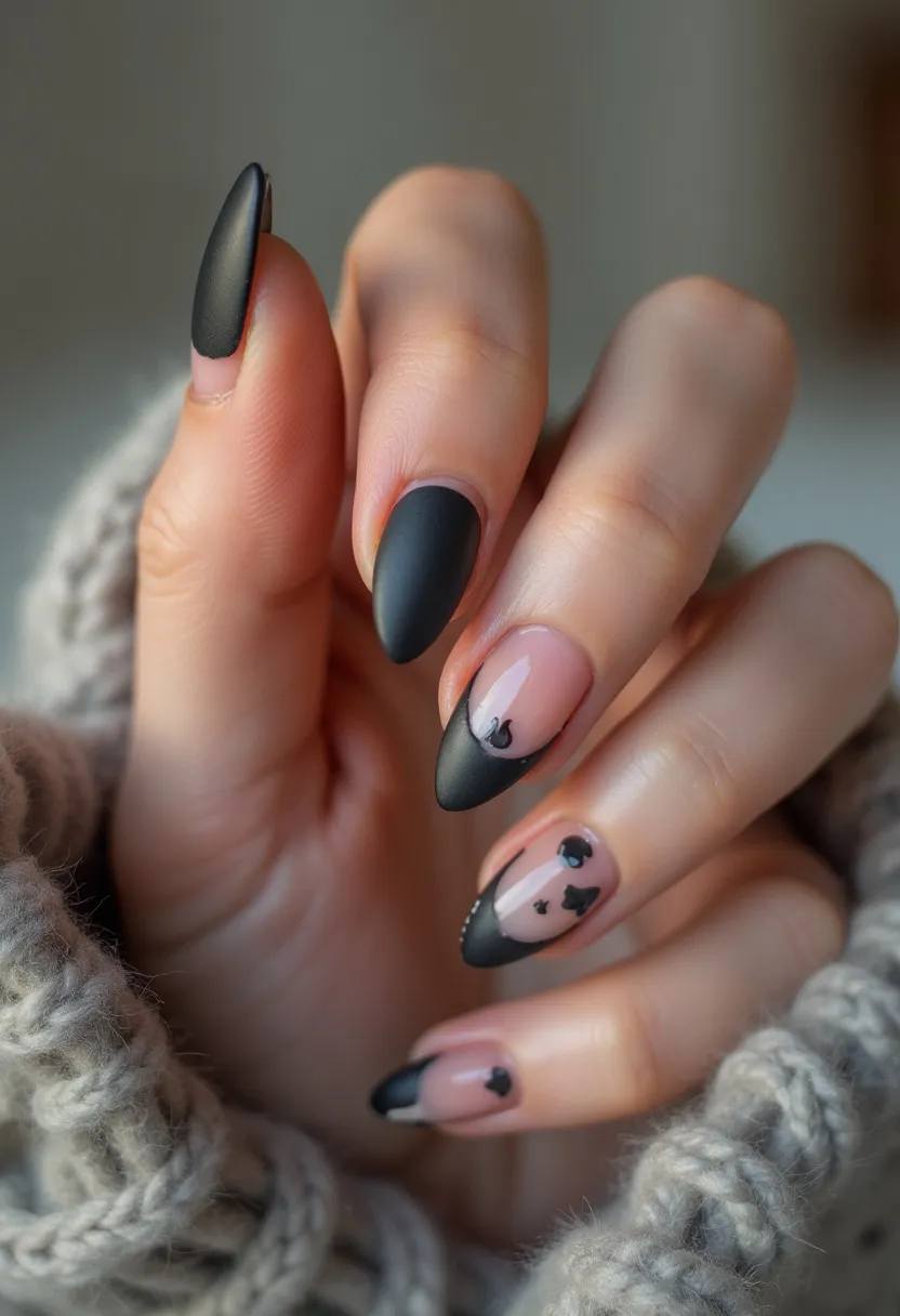 This nail design features a sophisticated and sleek look with a black and nude color palette. The nails are shaped in a sharp stiletto style, giving them an elegant, elongating appearance. The base color of the design is a clear nude, upon which matte black tips are applied in a half-moon French manicure style. Additionally, there are intricate black patterns and floral motifs delicately painted on some of the nude sections, adding an element of artistry and detail to the overall design. The type of nail treatment appears to be either gel or shellac, offering a smooth and glossy finish. This nail art is ideal for a chic seasonal theme, possibly suited for fall or winter due to the matte black color, or for special occasions where a more refined and dramatic look is desired.