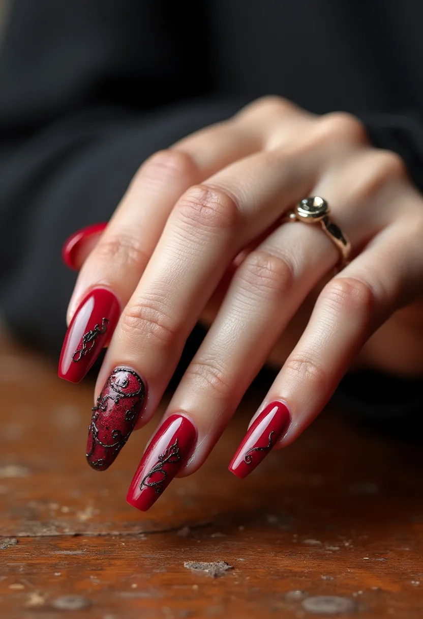 The nails feature a striking design with a rich, deep red color palette and are styled in an almond shape. There are intricate patterns on some of the nails, with black ornamental designs adding a touch of sophistication and elegance. The patterns appear to be a mixture of delicate swirls and leaf-like motifs, which stand out against the glossy red base. The nail treatment used seems to be gel, as indicated by the shiny and smooth finish. This design has a luxurious feel, making it suitable for special occasions and festive seasons, possibly evoking a sense of glamour and celebration.