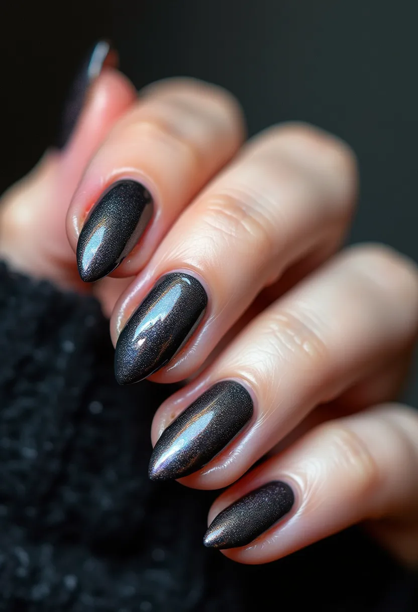 The nail design features a sleek and sophisticated look characterized by a glossy dark charcoal color palette with subtle shimmering undertones. The nails are shaped into a pointed almond form, providing a stylish and elongated appearance. This design appears to be created using gel nail treatment, evident by the high shine and smooth finish. There are no intricate patterns or decorations, making the look elegant and minimalist. This style is versatile, suitable for a variety of occasions or seasonal themes, particularly complementing evening events or colder months with its dark, understated glamour.