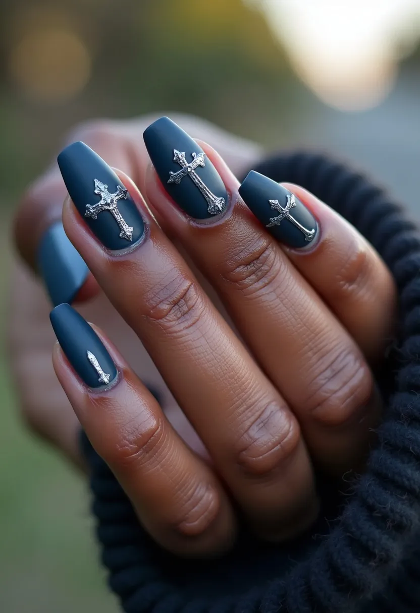 The nail design features a matte, deep teal color palette that creates a sophisticated and elegant look. The nails are almond-shaped, giving a slightly elongated and tapered appearance. Intricate silver cross appliqués are prominently placed on each nail, adding a striking and decorative touch. The nails seem to have a gel or acrylic finish, providing a smooth and durable surface for the design. This particular style may be suitable for a variety of seasonal themes, but the use of crosses suggests a potential connection to religious or gothic aesthetics, making it also a fitting choice for special occasions such as religious ceremonies or themed events. The overall effect is both bold and refined, with a unique and expressive design that stands out.