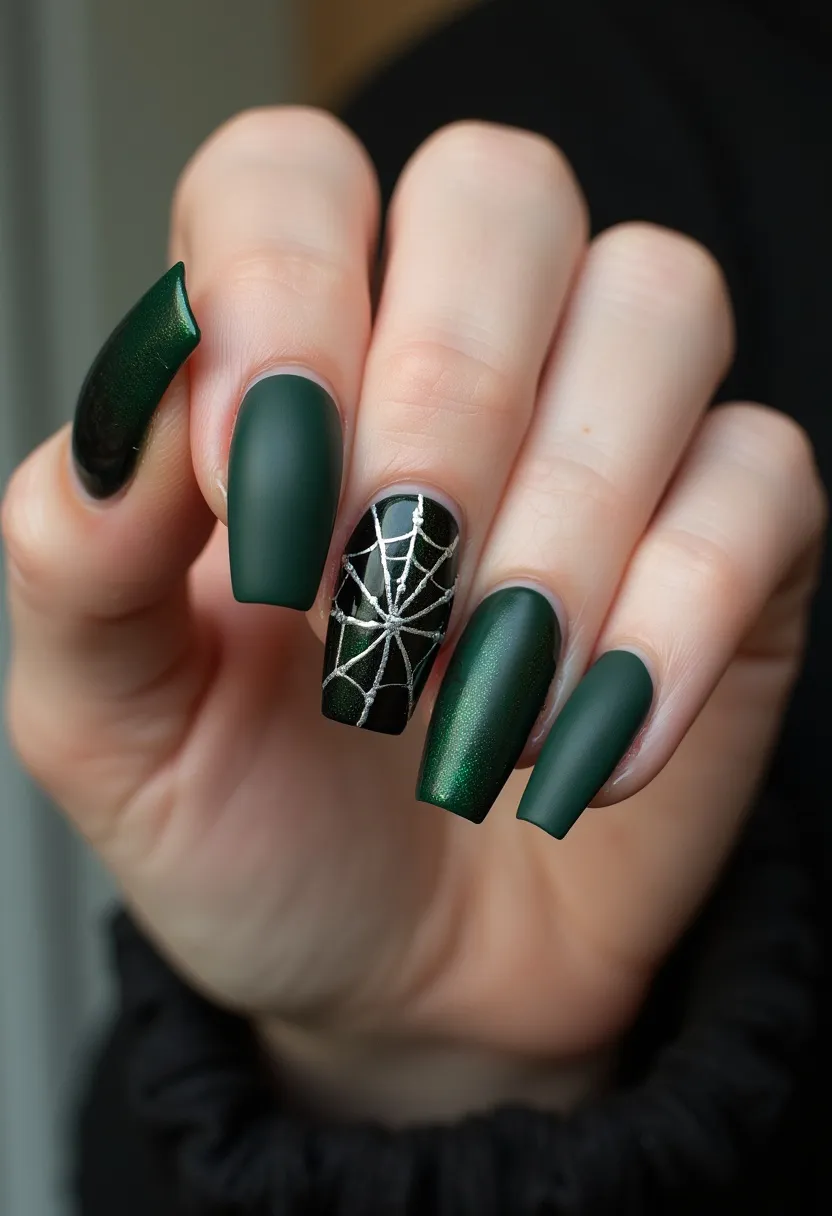 The nail design features a striking color palette dominated by a deep, shimmery green and matte green palette. The nails are long and shaped in a coffin or ballerina style, providing an elegant and sophisticated look. The intricate pattern stands out on the ring finger, where a black base is adorned with a white spider web design, adding a touch of intricacy and seasonal Halloween flair. The combination suggests the use of high-quality gel polish for the smooth and glossy finish, ensuring durability and a professional look. This design is perfect for an autumnal or Halloween-themed occasion, merging elegance with a festive and spooky twist.