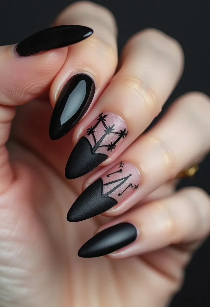 The nail design features a striking black and nude color palette, utilizing both glossy and matte finishes. The nails are almond-shaped and elongated, with some showcasing a sleek solid black coat, while others highlight intricate, detailed patterns. Two nails have a nude base adorned with black botanical line art and geometric designs, creating a contrast against the solid black tips. This design is likely achieved using gel treatment, known for its durability and glossy finish. The sophisticated and dramatic style could be fitting for a formal occasion or a themed event, adding an artistic and elegant touch to the overall appearance.