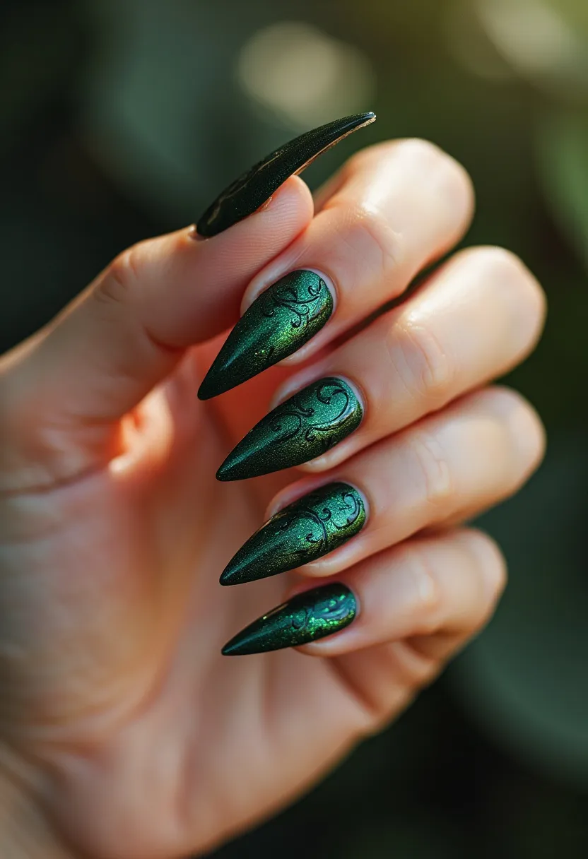 This nail design features a striking emerald green color palette with a subtle shimmer, highlighting the nails' elegant and glossy finish, indicative of a gel treatment. The nails are shaped into long, pointed stiletto tips, adding a dramatic and fashionable flair. Each nail is intricately adorned with delicate black swirls and floral patterns, enhancing the overall sophisticated look. The shimmering green combined with the intricate black patterns suggests a design suitable for a special occasion or seasonal theme, reflecting a festive or enchanted forest-inspired aesthetic.