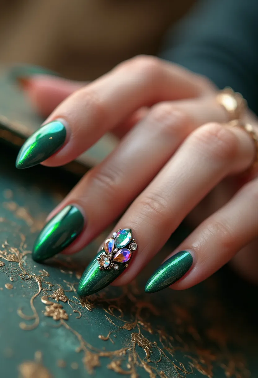 The nail design showcases a beautiful metallic green color palette with a high-gloss finish, likely achieved using gel polish. The nails are almond-shaped, providing an elegant and elongated appearance. A standout feature is the intricate decoration on the ring fingernail, consisting of an ornate arrangement of multi-colored rhinestones and gems, forming a floral or peacock-like motif. The reflective quality of the polish and the elaborate embellishment suggest a design that could be ideal for festive occasions or special events, adding a touch of glamour and sophistication to the overall look.