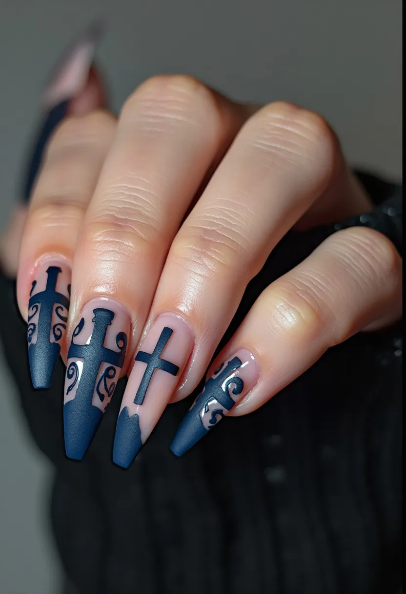 The nail design features a striking and bold style, characterized by an elongated stiletto shape. The base colors are predominantly a matte deep blue and natural pinkish nude, creating a stark yet elegant contrast. Each nail displays intricate nail art in the form of dark blue swords, crosses, and delicate swirls that extend towards the tips, providing a sophisticated and somewhat gothic appearance. The design appears to be achieved with gel polish, given its glossy finish on the natural sections and matte texture on the blue elements. These nails could be suitable for a gothic-themed event or the Halloween season, emphasizing a dramatic and eye-catching aesthetic.