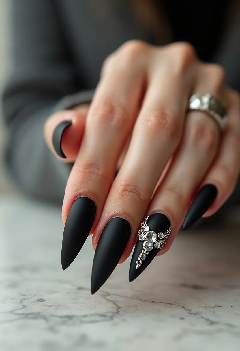 The nail design features a stylish and sophisticated look characterized by a matte black color palette. The nails are shaped into a sharp, stiletto style, exuding elegance and a bold fashion statement. On one of the nails, there's an intricate decoration consisting of sparkling rhinestones forming a glamorous, cascading pattern, adding a touch of luxury. The nail treatment appears to be either gel or acrylic, providing a sturdy and durable finish. This design is suitable for special occasions, such as formal events or celebrations, given its refined appearance and protective coating.