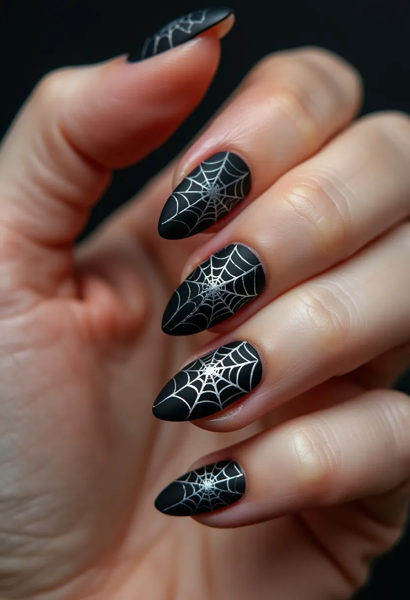 The nail design features a striking Halloween theme, characterized by a matte black color palette adorned with intricate white spiderweb patterns. The nails are sculpted in an elegant almond shape, which enhances the sophisticated yet spooky aesthetic. The detailed spiderweb designs across the nails suggest a meticulous hand-painting technique, possibly using either gel or acrylic paint to achieve the crisp lines and durability. This design is ideal for the Halloween season, bringing a festive and edgy touch to the overall look. The combination of the dark base color and the sharp white webbing creates a vibrant contrast that makes the nail art stand out vividly.