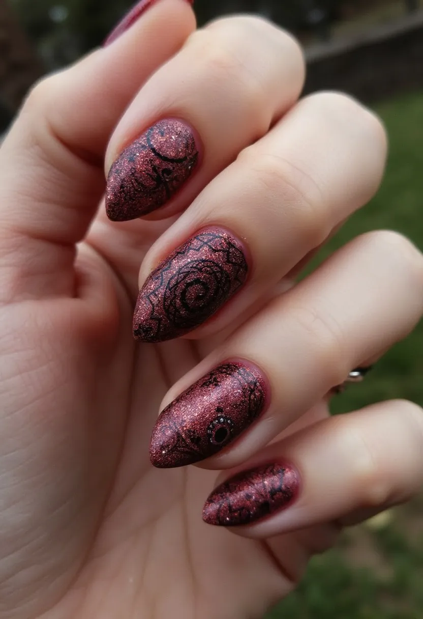 This nail design features a deep, glittery burgundy color palette, exuding an elegant and bold aesthetic. The nails are almond-shaped, providing a sophisticated and elongating effect on the fingers. Intricate black floral and geometric patterns adorn each nail, adding a touch of intricacy and artistic flair. These patterns include detailed roses and vine-like designs, contributing to a romantic and slightly gothic vibe. The treatment appears to be gel, noted for its glossy and durable finish. This nail art would be fitting for a special occasion or a seasonal theme such as fall or winter, offering a striking combination of dark hues and glitter that catch the light beautifully.