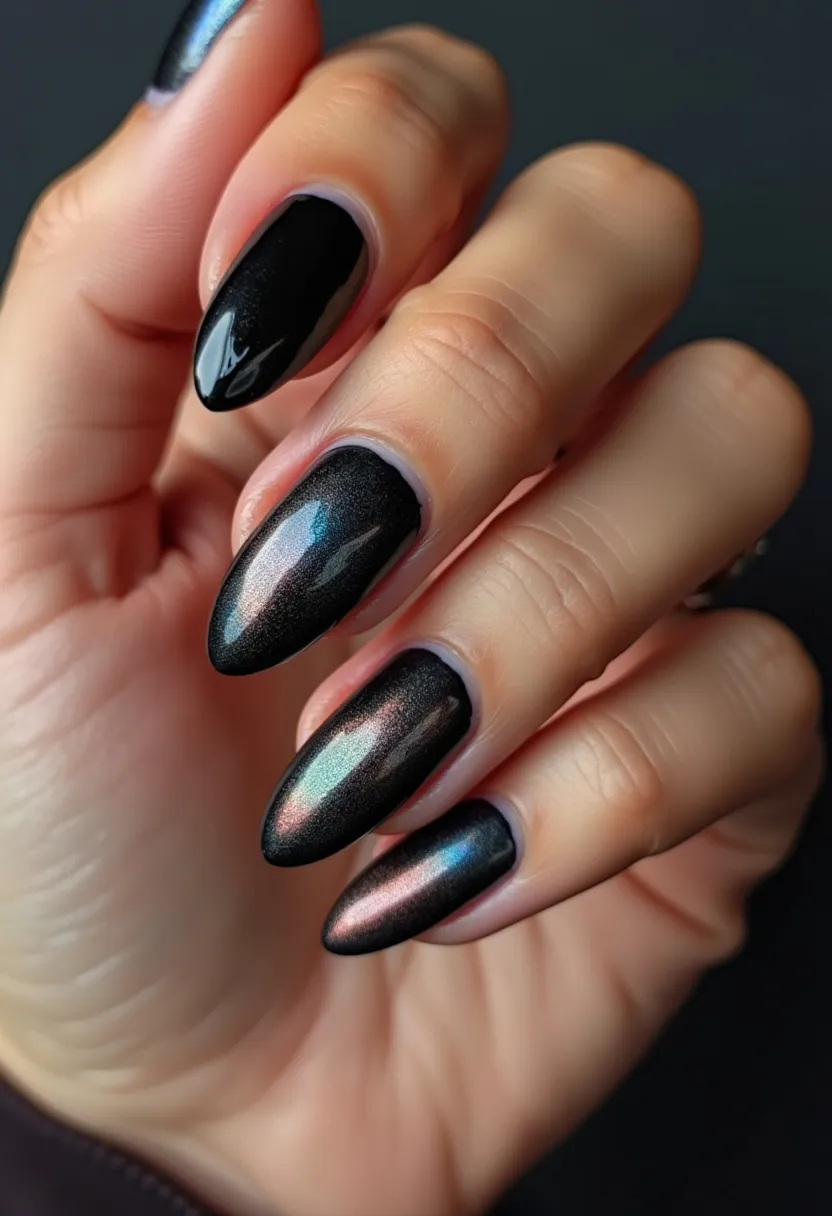 The nail design showcases a stunning and sleek look with a color palette dominated by a glossy black base beautifully accented with holographic elements that reflect multiple metallic shades like teal, purple, and pink, creating an iridescent effect. The nails are almond-shaped, providing an elegant yet edgy appearance. This manicure appears to be crafted with gel polish, evident by the high-shine finish and smooth application. The intricate, multi-dimensional sheen makes these nails perfect for a sophisticated night out or a festive occasion, adding a touch of glamour suitable for seasonal themes such as the holiday season or New Year's celebrations.