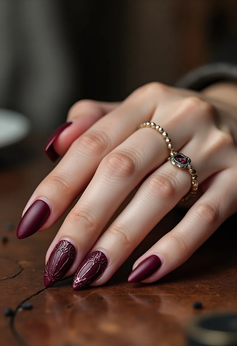 The nail design showcases an elegant and sophisticated style with a rich, deep burgundy matte color palette. The nails are shaped into a stiletto form, offering a sharp and elongated appearance. Some of the nails feature intricate patterns and decorations, including an ornate, raised, lace-like design in the same deep burgundy color, adding a touch of texture and luxury. The nail treatment appears to be a combination of gel and acrylic, given the sleek and polished finish with added intricate details. This design is suitable for fall or winter seasons and would be perfect for formal occasions or holiday celebrations due to its rich color and detailed artistry.