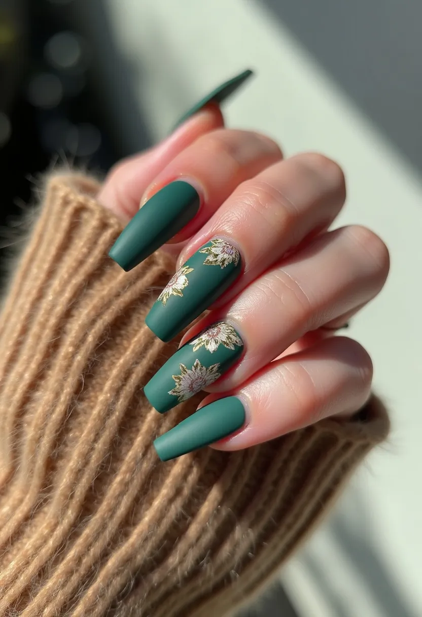 The nail design features an elegant matte green color palette, perfectly suited for a sophisticated and understated look. The nails are shaped in a fashionable coffin shape, which adds a modern touch to the overall aesthetic. Intricate gold and white floral patterns adorn the nails, providing a delicate and artistic flourish. The treatment used for these nails appears to be gel, giving them a durable and polished finish. The combination of dark green and detailed floral designs suggests a seasonal autumn theme, making it an ideal choice for the fall season or a special occasion like a holiday gathering or a formal event.