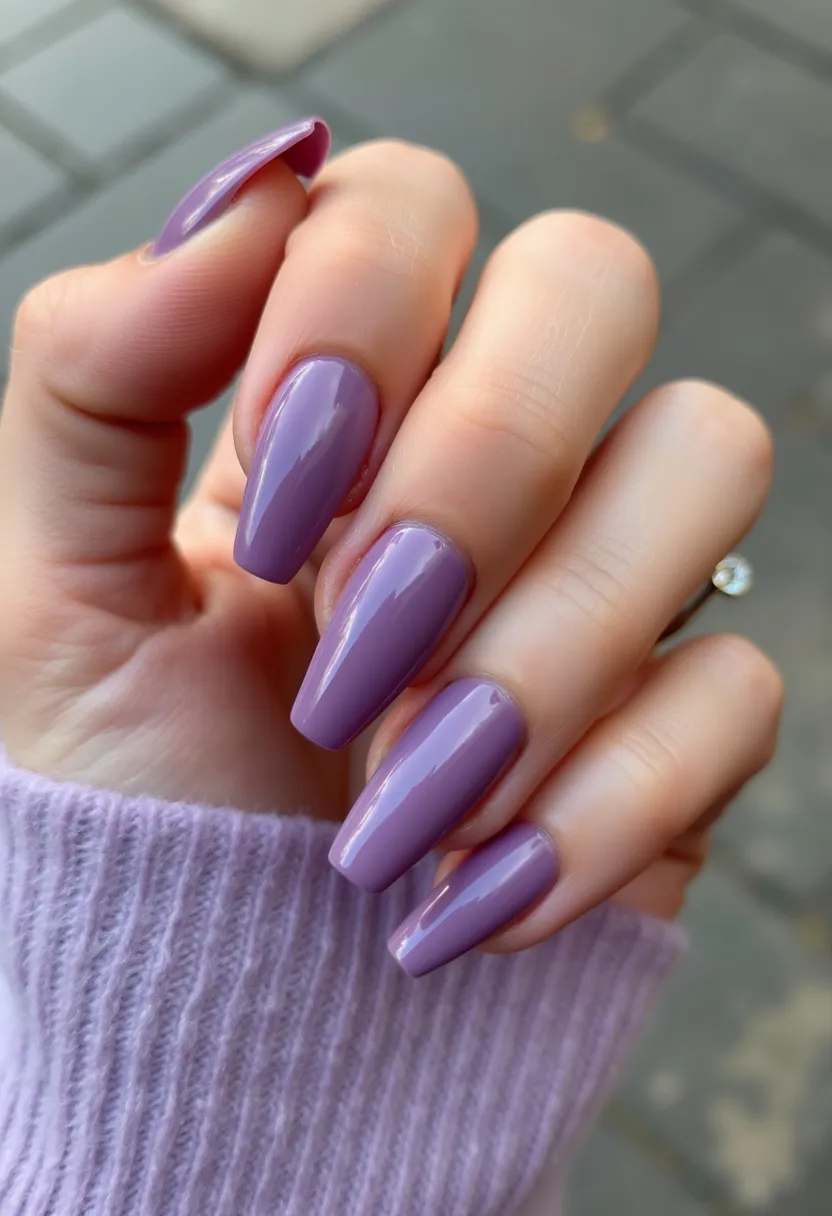 This nail design features long, coffin-shaped nails painted in a consistent and glossy lavender hue. The coloration is even and solid, falling under a pastel purple palette that suits a variety of occasions, both casual and formal. The nails appear to be treated with a gel polish, as evidenced by the high-shine finish and the smoothness of the application. The nails are impeccably filed and shaped, lending an elegant and trendy look. This design is versatile and timeless, but the pastel purple shade gives it a spring or early summer vibe, making it perfect for seasonal wear. There are no additional patterns or decorations, which emphasizes the simplicity and sophistication of the monochromatic style.