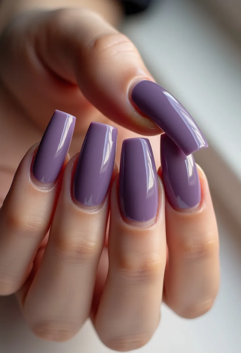 The nail design features a sleek and sophisticated look, with a color palette dominated by a soft, muted lavender shade. The nails are shaped in an elegant, long coffin style, which is wide at the base and tapers in slightly at the tips. The finish is glossy and smooth, suggesting the use of a gel treatment that provides a durable and high-shine effect. There are no additional intricate patterns or decorations, giving the nails a classic and minimalist aesthetic. This design is versatile enough for various occasions, from casual to formal, and pairs well with both seasonal and year-round wardrobes.