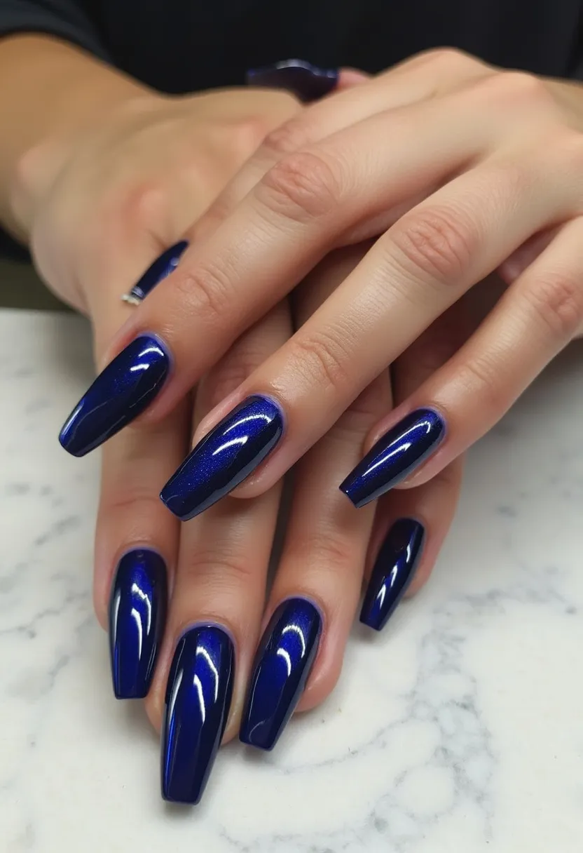 The nail design features a stunning and sleek deep blue color palette with a glossy finish, indicative of either gel or acrylic treatment due to its shiny and durable appearance. The nails are shaped into a long coffin style, emphasizing elegance and modernity. This particular look does not have intricate patterns or additional decorations, allowing the rich, metallic blue hue to stand out on its own. The choice of this luxurious color makes it suitable for formal occasions or winter seasons, complementing a range of stylish outfits and accessories.