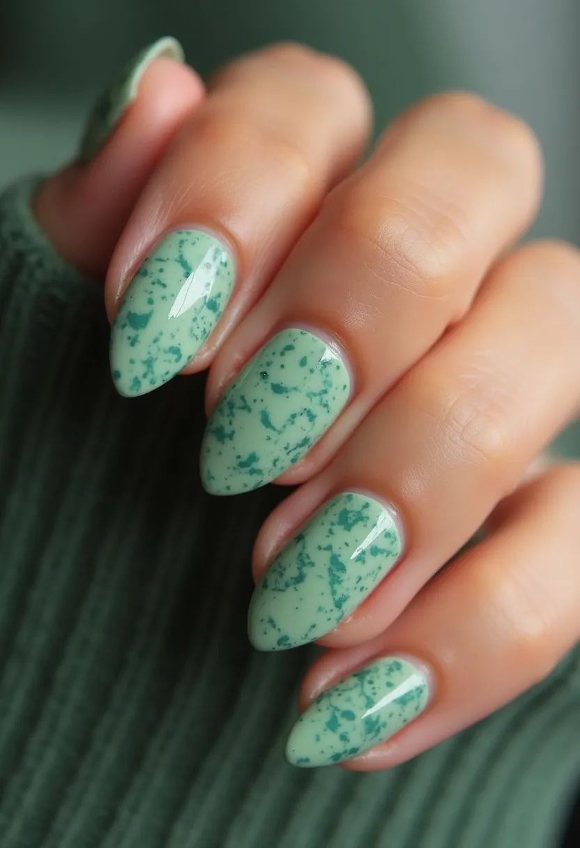 This nail design features a soothing green color palette with a speckled pattern in darker green. The nails are shaped into a medium-length almond shape, which complements the soft and earthy tone of the design. This manicure likely uses gel polish, as indicated by the high-gloss finish and durability. The speckled pattern gives a marble-like effect, adding texture and visual interest to the nails. This design is versatile and could be suitable for any season, evoking a natural, tranquil feel that might be especially fitting for spring or general calming aesthetics.