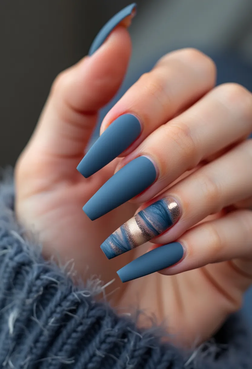 The nail design features a matte, muted blue color palette, applied to long, coffin-shaped nails. A single accent nail stands out with a sophisticated design, incorporating a glossy, metallic rose gold band combined with a marbled effect in blue and shades of rose gold. The overall treatment appears to be a form of gel or shellac, given the smooth and even finish. The design exudes an autumn or winter theme with its cozy and warm color choices, making it suitable for those seasons or special occasions such as festive gatherings or stylish winter events. The inclusion of the metallic details adds an elegant and chic touch to the overall aesthetic.