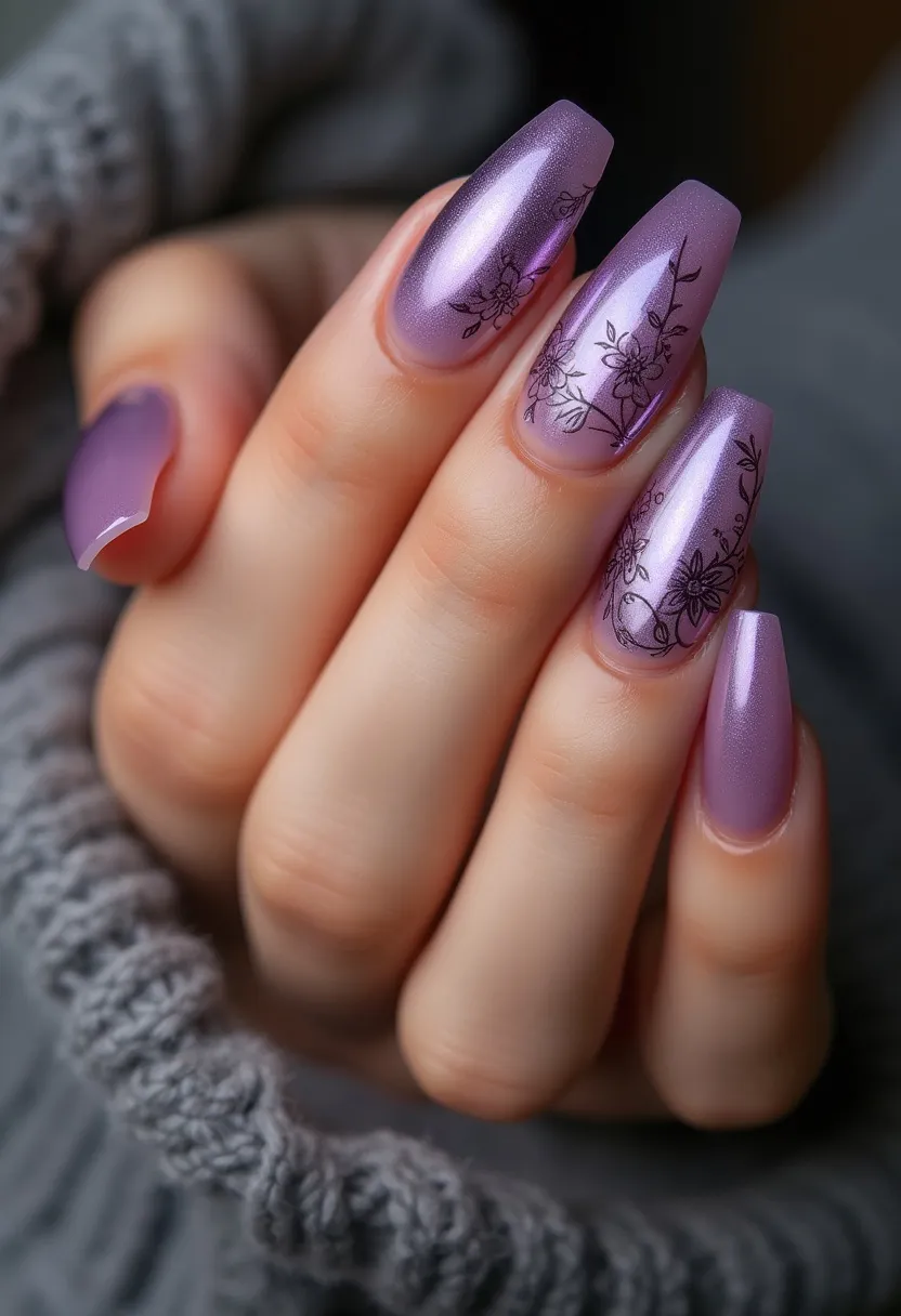 The nail design features a sophisticated color palette of shimmering lavender and purple hues. The nails are long with a coffin shape, creating an elegant and elongated look. Intricate black floral patterns are delicately drawn on selected nails, adding a whimsical and romantic touch to the overall design. The finish suggests the use of gel polish, ensuring a glossy and durable appearance. This detailed design with floral motifs might be suitable for spring, evoking the blossoming of flowers and a fresh, vibrant aesthetic perfect for special occasions or everyday elegance.