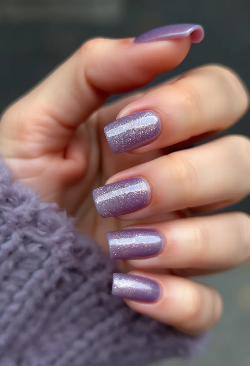 The nail design features a square shape with a moderately long length. The color palette is a soft, shimmery lavender, which provides an elegant and understated appearance. The nails exhibit a smooth, glossy finish indicative of a gel treatment, enhancing their durability and shine. There are no additional intricate patterns or distinct decorations, keeping the focus on the simplicity and beauty of the color and texture. The shimmery effect adds a touch of glamour, making this nail design suitable for both everyday wear and special occasions, such as an evening event or a seasonal celebration. The overall effect is sophisticated and versatile.