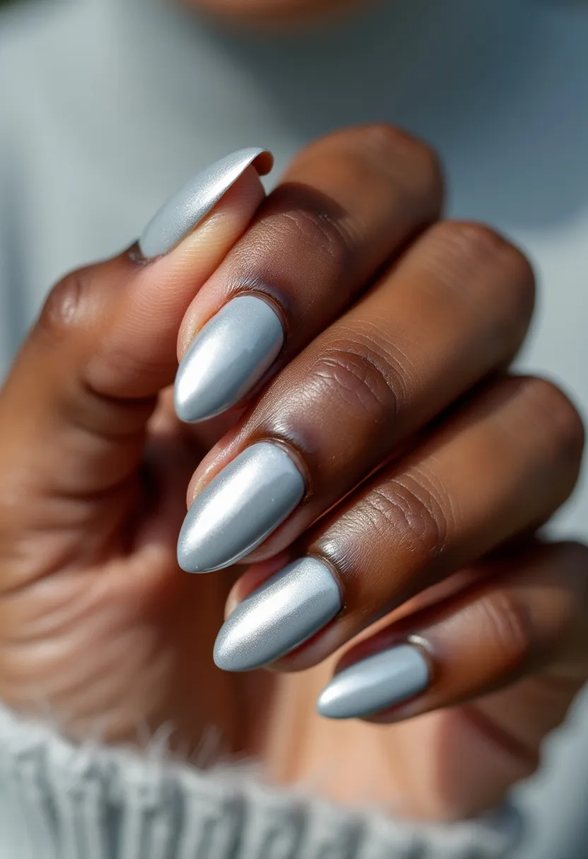 The nail design features a sleek and modern silver color palette with a metallic shimmer, creating a sophisticated and reflective look. The nails are shaped into a pointed oval or almond shape, offering an elegant and elongating effect on the fingers. This manicure appears to be a gel treatment, known for its glossy finish and durability. The smooth, consistent application of the silver polish adds a futuristic and stylish appeal, without any additional intricate patterns or decorations. The choice of color and shine makes it versatile, suitable for various occasions, including special events or festive celebrations, particularly around the winter season.