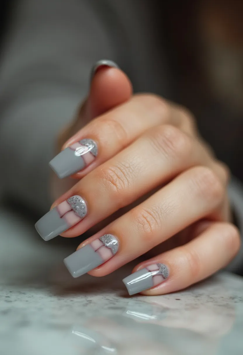 The nail design features a cool-toned color palette dominated by a subtle, sophisticated grey. The nails are shaped in a long, squared style, lending a modern and chic appearance. Intricate patterns include a combination of grey and clear sections, separated by thin metallic silver lines, creating a geometric effect. The nails also include silver glitter accents at the base, adding a touch of glamour. The treatment appears to be acrylic, giving the nails a glossy, well-finished look. This design has a cool, wintry feel, making it suitable for the winter season or formal occasions.