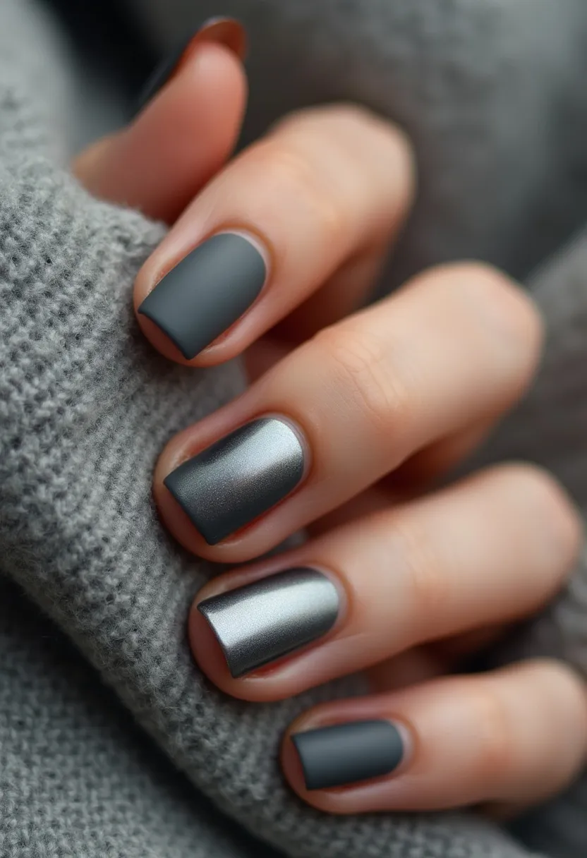 The nail design showcases a sophisticated matte and glossy look with a rich gray color palette. The nails are square-shaped, providing a modern and clean aesthetic. The color palette includes dark matte gray nails paired with metallic gray nails, adding an elegant touch. The treatment appears to be a combination of gel and metallic polish, offering durability and shine to the design. The contrast between the matte and glossy finishes creates a striking balance, making this nail design suitable for a late autumn or winter season, reflecting a chic and high-fashion style perfect for various occasions.