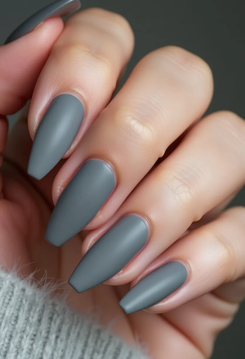 The nail design features a sophisticated matte finish in a monochromatic gray color palette. The nails are shaped in an elegant almond style, providing a sleek and elongated silhouette. There are no intricate patterns or additional decorations, emphasizing a minimalist and modern aesthetic. The treatment used appears to be a matte gel polish, giving the nails a smooth and velvety texture. This neutral and versatile design suits various occasions, from professional settings to casual outings, and is likely to be a popular choice for the autumn or winter seasons due to its subdued and versatile hue.