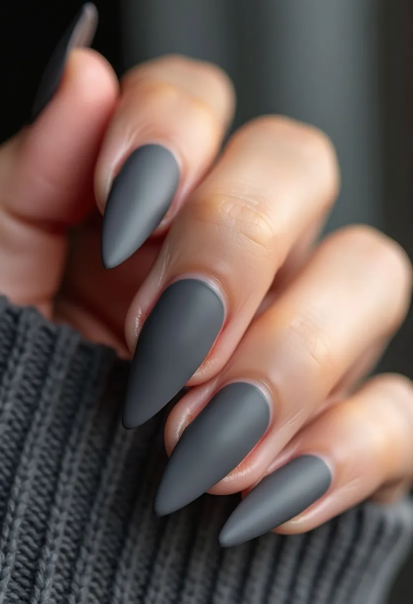 The nail design features a sleek matte finish in a solid, dark grey color palette. The nails are shaped in a sharp stiletto form, which adds a bold and edgy aesthetic. There's a uniformity in the application, suggesting a high-quality gel nail treatment that provides both durability and a smooth, even finish. The dark, muted tone of the grey makes this design suitable for the autumn or winter season, offering a sophisticated and modern look. There are no intricate patterns or additional decorations, emphasizing the minimalist yet striking appeal of this nail style.