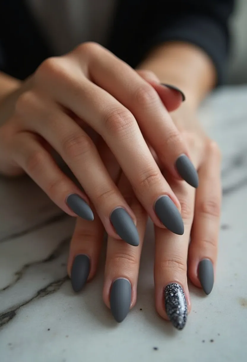 The nail design features a stiletto shape with a sophisticated matte grey color palette. Most of the nails are uniformly painted in a solid matte grey, exuding elegance and simplicity. The ring finger nail is an exception, adorned with a glamorous glittery texture that transitions from grey to black, adding a striking contrast and eye-catching detail. This design appears to be a combination of gel and glitter polish, offering durability and a polished finish. The muted grey tones paired with the sparkling accent nail make this design suitable for both everyday wear and special occasions, especially in the fall or winter months.