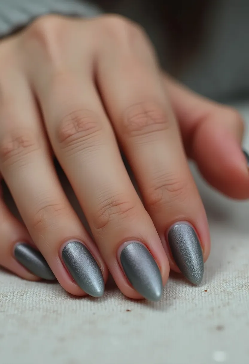 This nail design features a sophisticated and elegant look with a sleek, metallic silver color palette. The nails are shaped in a tapered almond style that adds a touch of femininity and elongates the fingers. The smooth and glossy finish suggests a gel nail treatment, providing durability and a polished appearance. This design is free from intricate patterns or additional decorations, showcasing the simplicity and elegance of the metallic hue. The cool-toned silver is versatile for multiple seasons but can be particularly fitting for winter or formal occasions due to its refined, yet festive quality.