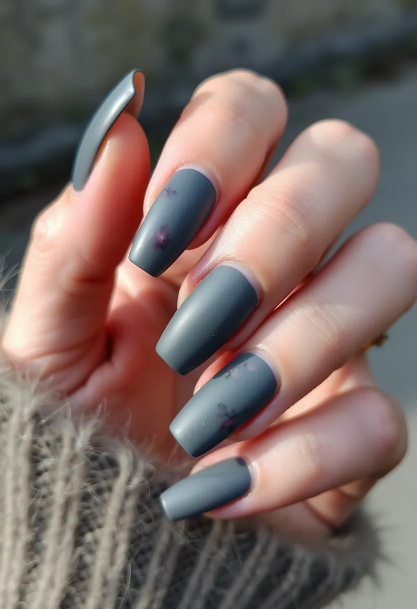 The nail design showcases a matte finish with a sophisticated, muted gray color palette, perfect for an understated yet chic look. The nails are shaped in a long, square style, giving them a modern and elegant appearance. Subtle, intricate patterns of dark purple flowers are delicately painted on a couple of nails, adding a unique and artistic touch to the overall design. The use of gel polish is evident, providing a smooth and durable finish that maintains the design's integrity over time. This nail art seems suitable for an autumn or winter season, aligning with cooler tones and soft, rustic elements typical of these times of the year. It's a versatile design that can effortlessly transition from casual to formal occasions.