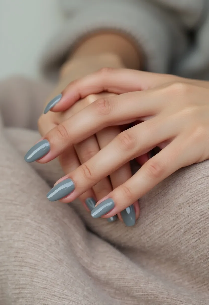 The nail design features a refined and minimalist aesthetic, characterized by a monochromatic color palette of muted gray. The nails are shaped in a well-defined almond form, contributing to an elongated and elegant appearance. The finish appears glossy, indicating a gel or shellac treatment that ensures a long-lasting and shiny effect. The overall look is simplistic, with a single, consistent shade of gray prominently featured across all nails without any additional intricate patterns or adornments. This design exudes a sense of understated sophistication, making it suitable for both everyday wear and professional settings, as well as adaptable for various seasons or special occasions with its neutral tone.