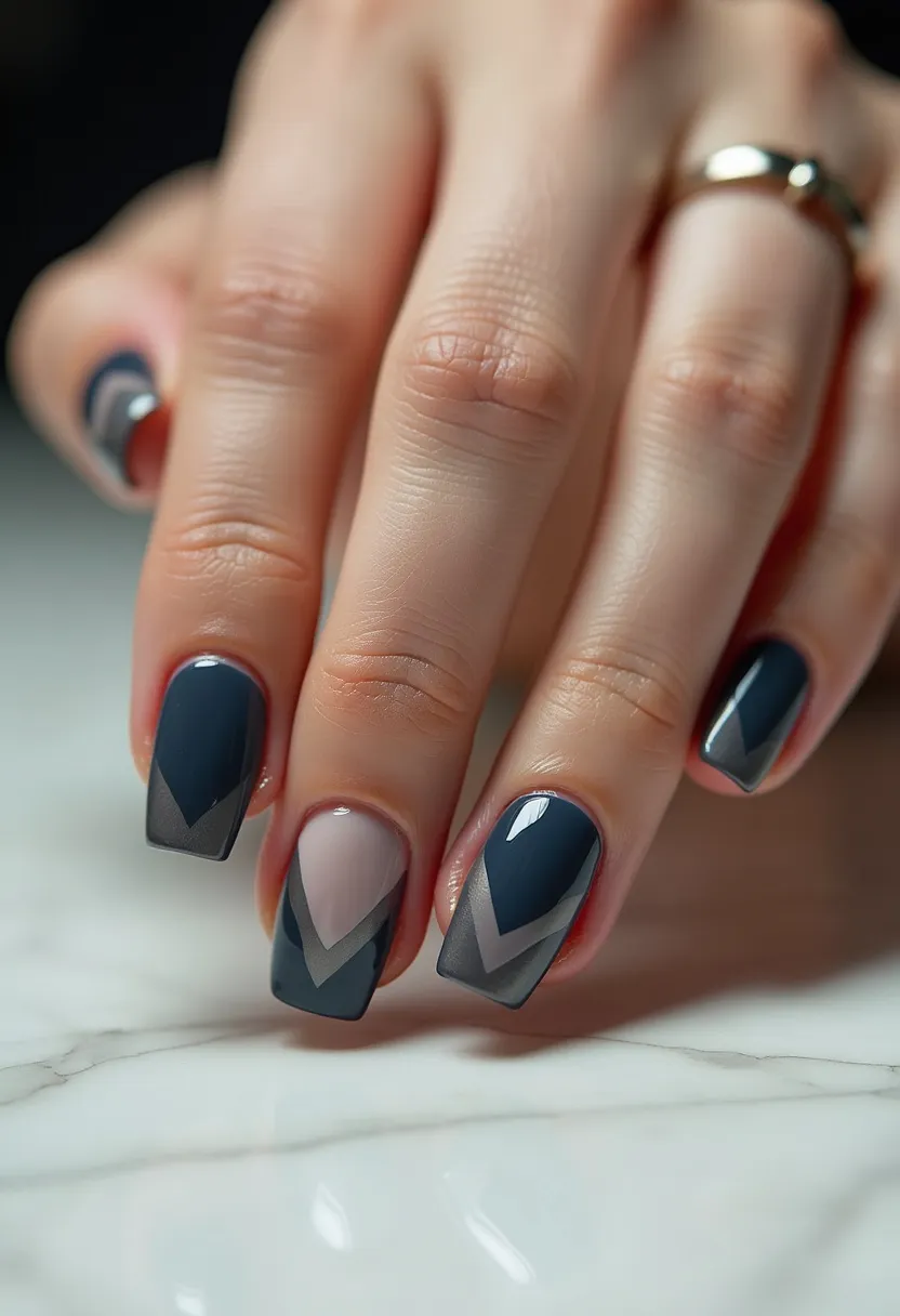 This nail design features a squared-off nail shape and utilizes a chic, understated color palette including shades of navy blue, gray, and a touch of nude. The nails are adorned with a geometric pattern, prominently featuring V-shaped chevrons in contrasting colors, giving a modern, sophisticated look. The glossy finish suggests a gel treatment, providing a sleek and durable sheen. The design does not align strongly with specific seasons or special occasions, making it versatile for any time of the year. The intricate chevron patterns add a touch of elegance and trendiness, suitable for both casual and formal settings.