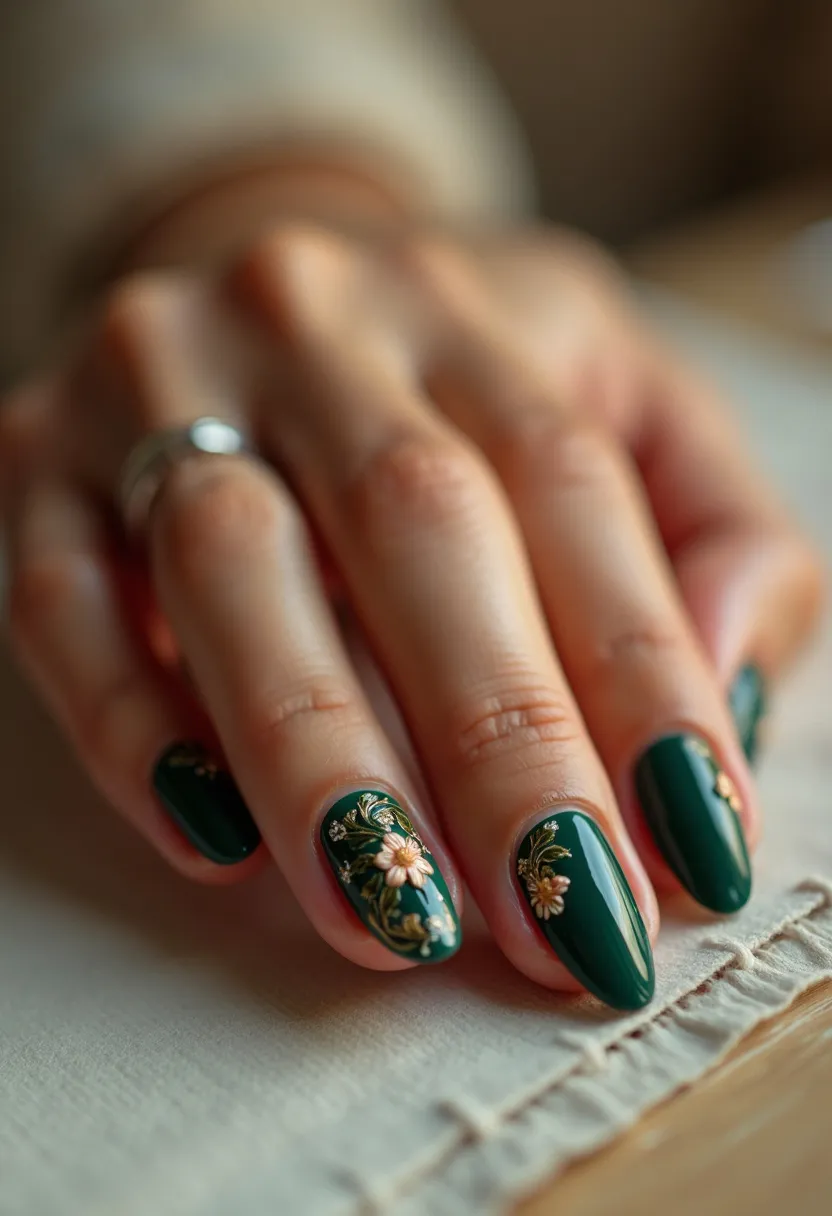 The nails feature a rich, dark green color palette, perfectly suited for an autumnal or holiday theme. They are shaped into a well-maintained oval form, providing an elegant and elongated appearance. The two accent nails showcase intricate floral designs with delicate, gold detailing and pink blossoms, adding a sophisticated and artisanal touch to the overall manicure. This nail design appears to be done using a gel treatment, giving the nails a glossy, long-lasting finish. The combination of deep green with gold and pink floral accents makes this design perfect for special occasions or seasonal festivities, offering a balance of elegance and charm.