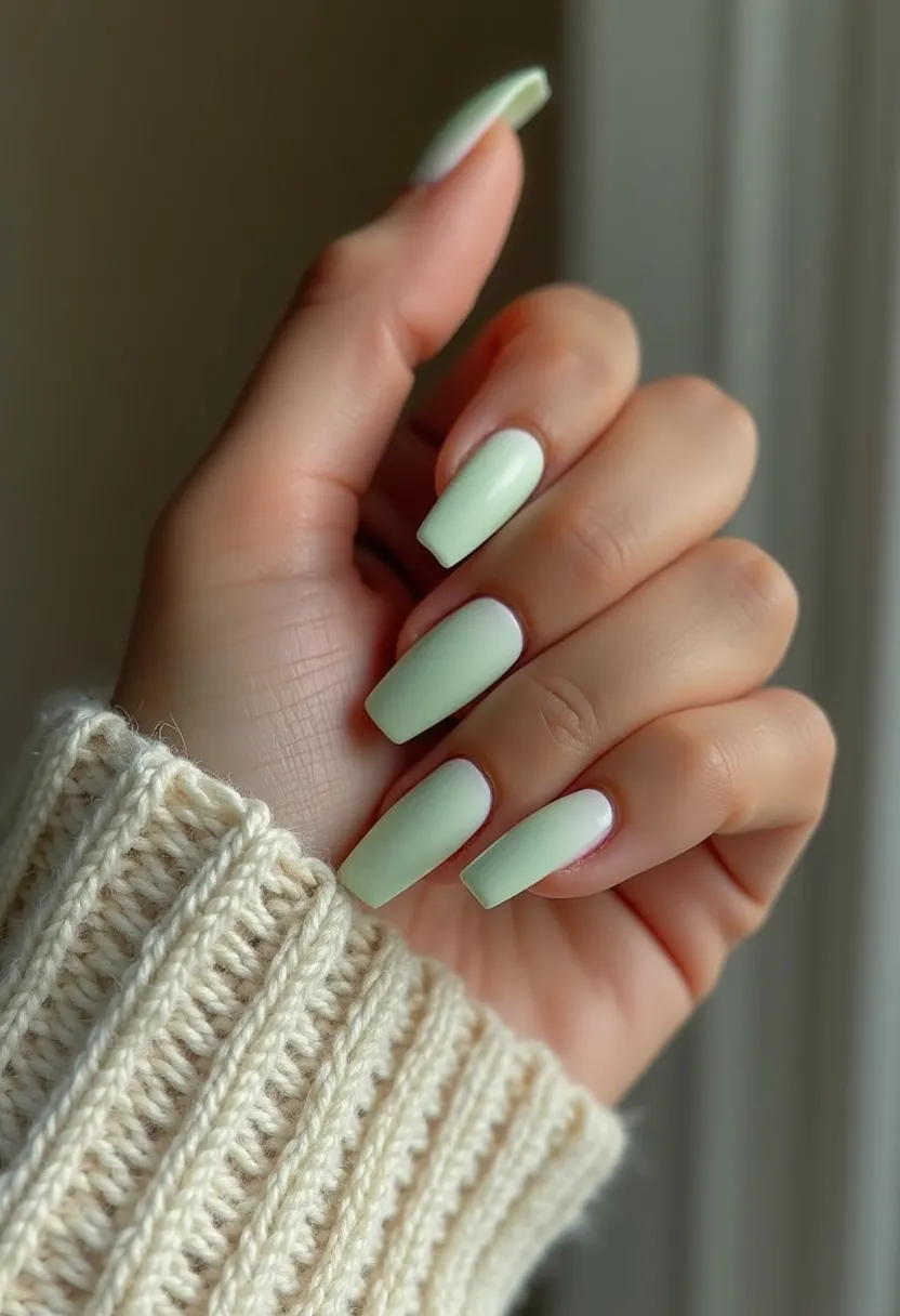 The nail design features a soft and sophisticated look with a solid light mint green polish, providing a fresh and subtle appearance. The nails are shaped in a square with slightly rounded edges, giving a modern and elegant touch. The smooth and glossy finish indicates a high-quality nail treatment, likely gel polish, due to its shine and durability. The choice of color and sleek finish makes this design versatile for various occasions but may particularly suit spring or summer seasons for its refreshing and vibrant vibe. There are no additional intricate patterns or decorations, emphasizing simplicity and a clean, stylish look.