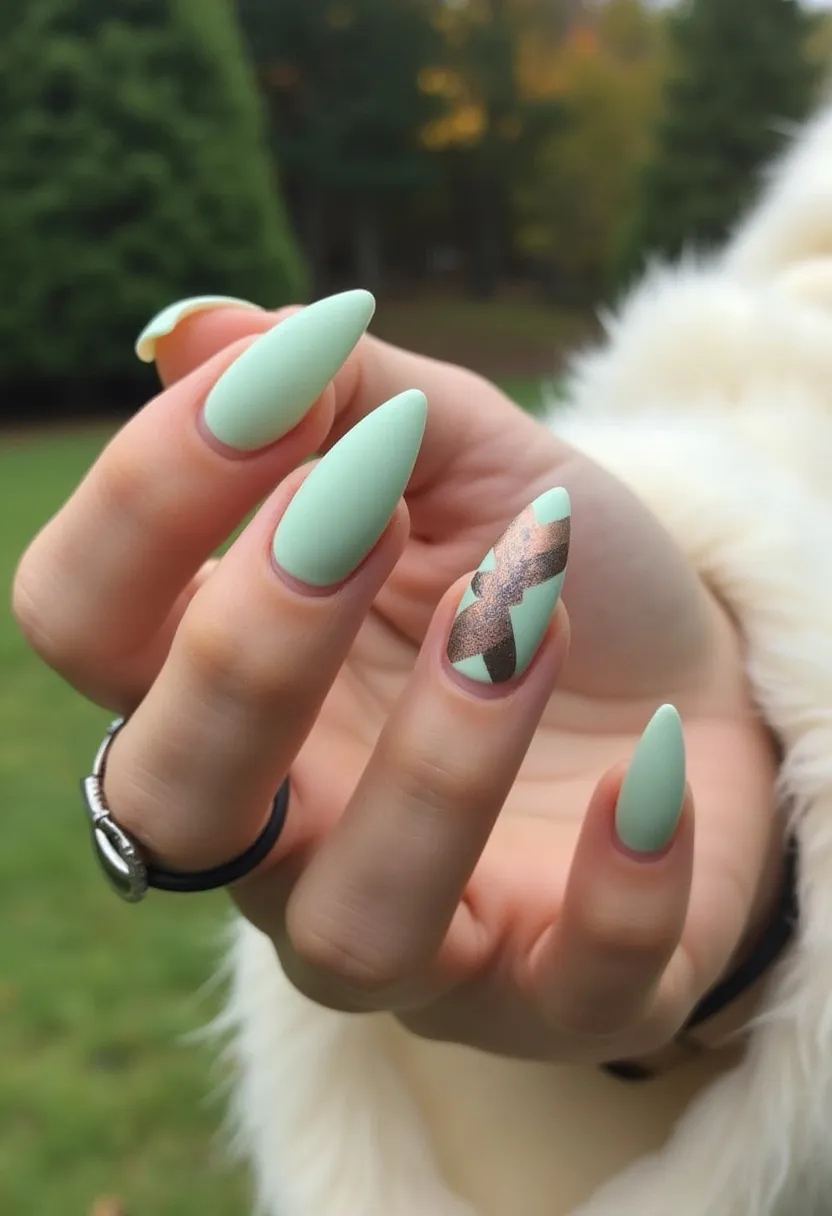 The nail design features a soft, pastel green color palette, creating a calming and sophisticated look. The nails are shaped in a pointed almond style, adding an element of elegance and elongation to the fingers. The design includes intricate patterns on the accent nail, where silver metallic lines are arranged in a cross pattern over the green base, enhancing the overall design with a touch of glamour. The smooth, glossy finish suggests a gel or acrylic treatment, ensuring durability and a polished appearance. This design, with its light pastel shades and minimalist metallic accents, is versatile and fitting for the spring season or special occasions such as weddings or formal events.