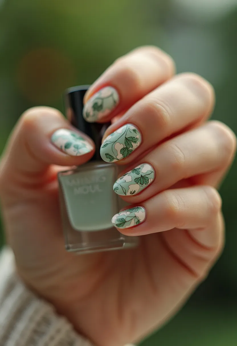 The nail design showcases a delicate and stylish aesthetic with a primary color palette of soft mint green and white. The nails are shaped in an oval form, providing a classic and elegant look. Intricate leaf and floral patterns are meticulously painted on each nail in shades of green, contributing to a nature-inspired theme. This design appears to use a gel treatment, ensuring a glossy and durable finish. The intricate botanical patterns suggest a spring or summer seasonal theme, making this a refreshing choice for those times of the year. The nails exhibit a beautiful, natural motif that pairs well with light and airy fashion styles.