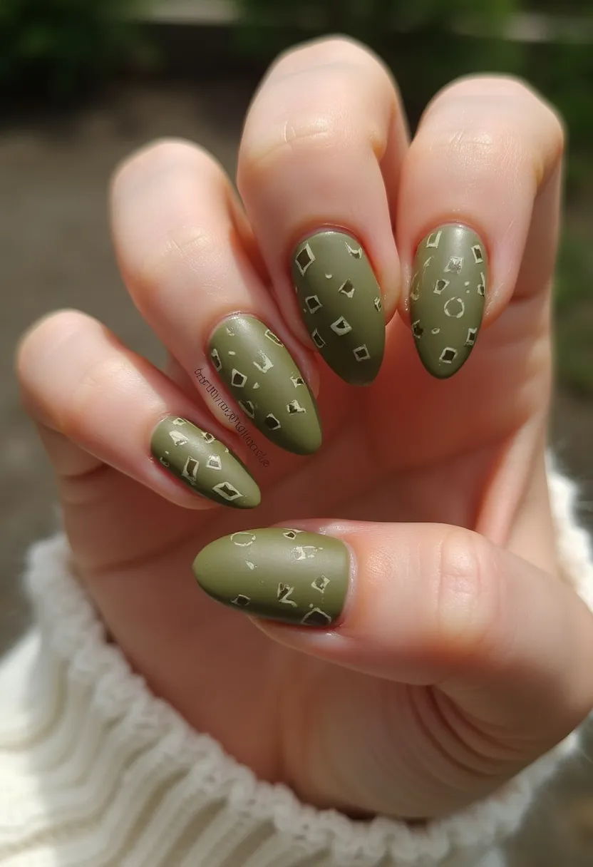 The nail design features a color palette dominated by a matte olive green shade. The nails are shaped into a rounded almond form, providing a sleek and elegant appearance. Intricate patterns consisting of small geometric shapes in lighter shades adorn all nails, adding a unique and playful touch. This design appears to use a gel or shellac treatment, which is indicated by the smooth and evenly coated matte finish. The combination of the matte olive green and geometric decorations suggests a subtle yet stylish look, making it suitable for the autumn season or for someone seeking a sophisticated yet understated design.