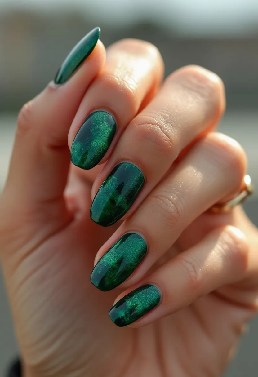 The nail design features a vibrant emerald green color palette, creating an eye-catching look. The nails are almond-shaped, accentuating the elegance of the hands. A distinct detail is the combination of shiny and matte effects, enhancing the richness of the green hue. This intricate nail design likely utilizes a gel treatment, known for its glossy finish and durability. The overall style suggests a sophisticated and festive appearance, making it suitable for special occasions or seasonal themes, particularly around the holidays. The subtle use of darker and lighter green shades within each nail adds depth and dimension to the design.