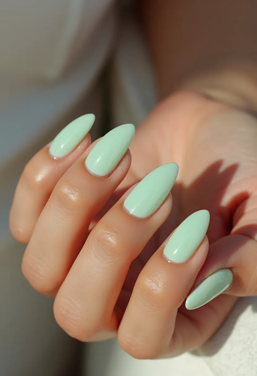 The nail design features a uniform color palette of soft pastel mint green, which exudes a soothing and fresh aesthetic. The nails are shaped in a well-manicured almond form, which is both elegant and practical. The polish used appears to be a glossy gel treatment, providing a smooth and shiny finish that enhances the overall look and ensures durability. There are no additional intricate patterns or decorations, emphasizing the simplicity and sophistication of the design. This nail style could be fitting for a variety of occasions, including spring and summer seasons due to its light and airy color.