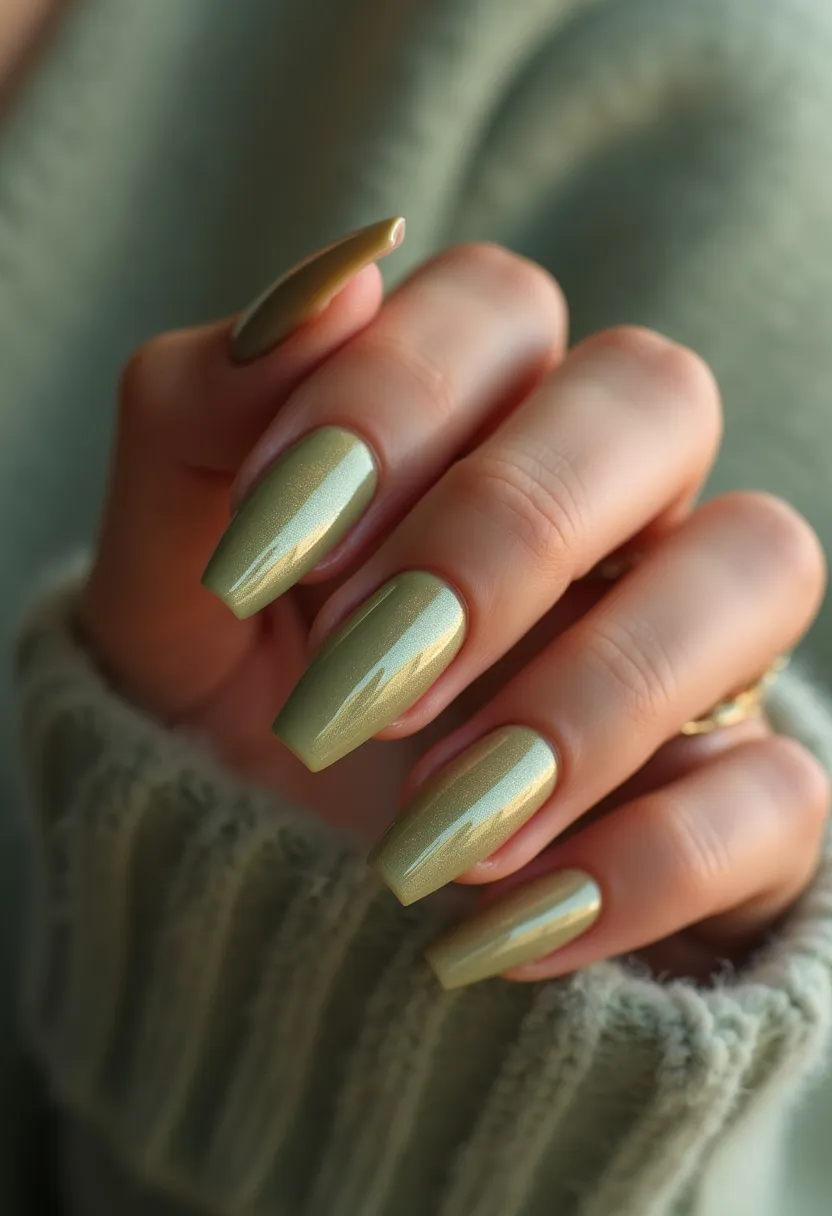 This nail design features a sophisticated olive-green color palette, with a pearlescent finish adding a subtle sheen. The nails are shaped into a long, tapered coffin style, giving them an elegant, elongated appearance. The manicure likely uses gel treatment, evidenced by the smooth, glossy finish that is uniform across all nails. There are no intricate patterns or extra decorations, letting the unique color and shape take center stage. This understated yet striking look could be perfect for autumn, given the earthy tones, or for a special occasion requiring a touch of elegance and refinement.