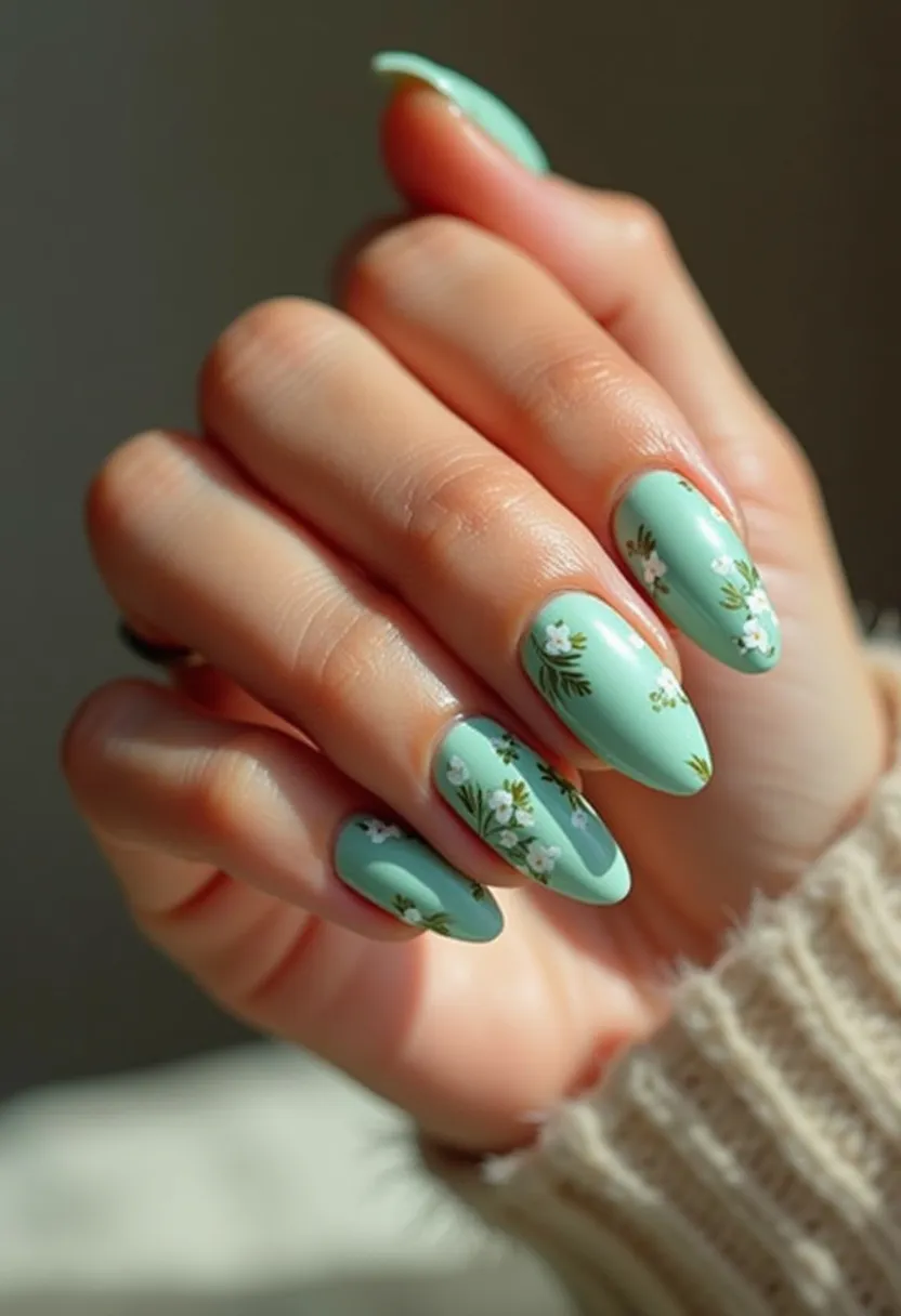 The nail design showcases a soft pastel sage green color palette, ideal for a fresh and serene look. The nails are an almond shape, which elongates the fingers and adds a touch of elegance. Intricate floral patterns with tiny white flowers and green leaves are delicately painted over the sage green base, giving a nod to nature and springtime themes. The nails appear to have a glossy finish, suggesting they may be treated with gel polish for added durability and shine. This design is perfect for spring or a special occasion such as a garden party or wedding, highlighting a subtle yet sophisticated and carefully detailed aesthetic.