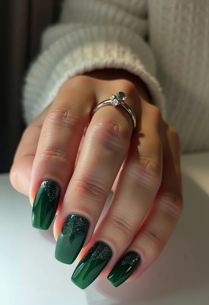 The nail design features a rich, dark green color palette, complemented by glitter accents at the base of each nail. The nails are shaped in a medium to long length, with a squared-off tip, contributing to a modern and chic look. The manicure appears to utilize a gel treatment, offering a high-gloss finish that is both vibrant and durable. Intricate details include the shimmering glitter where the green meets the natural nail, creating a subtle but eye-catching gradient effect. This design has an elegant and festive feel, making it particularly suitable for the winter season or special holiday gatherings.